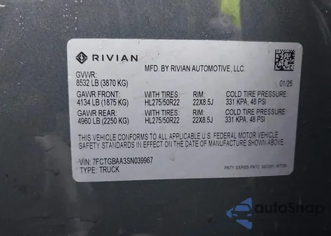 2025 Rivian R1T Adventure Dual Motor Large Pack/Adventure Dual Motor Max Pack from USA, damaged, VIN 7FCTGBAA3SN039967
